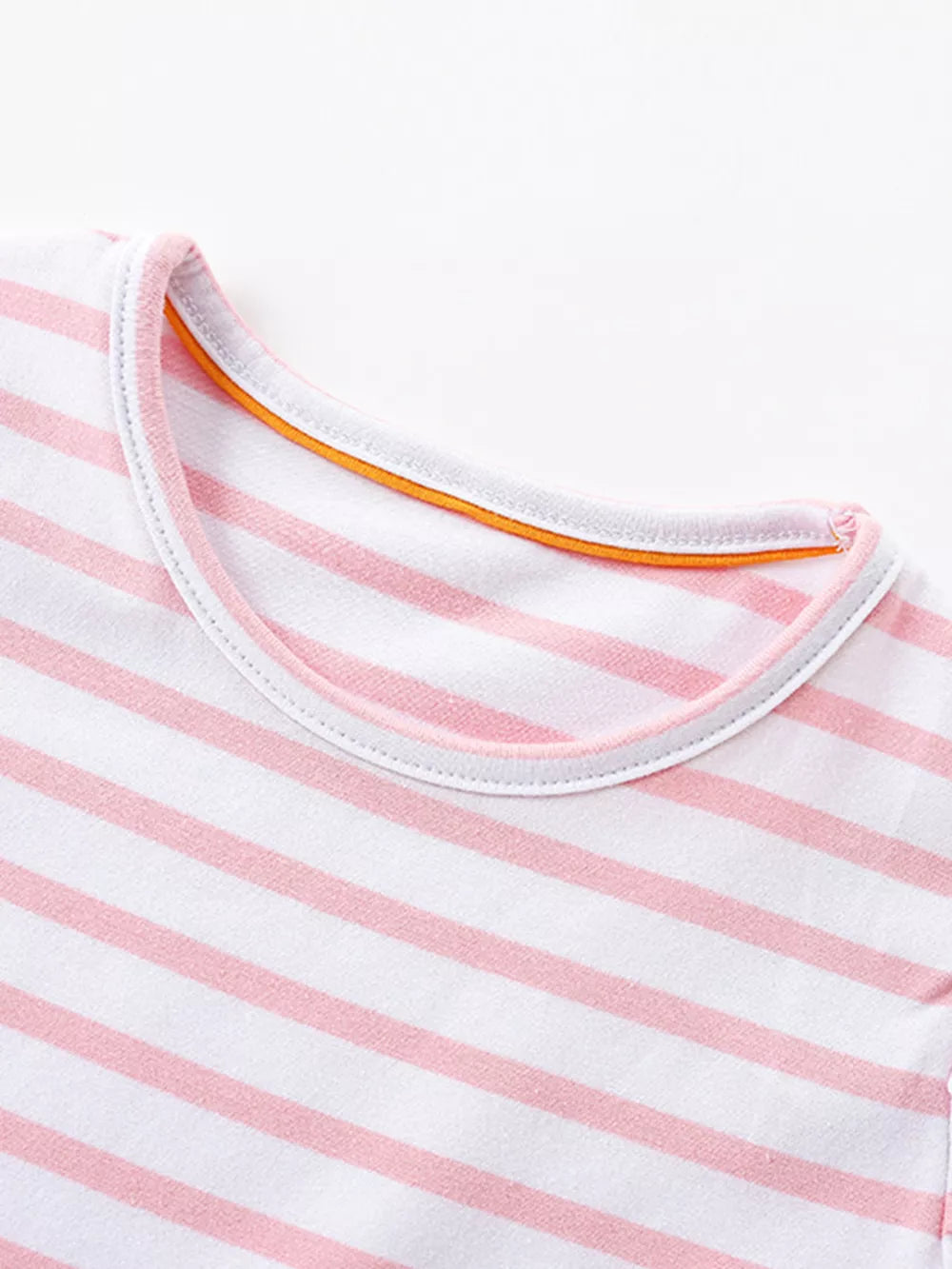 Toddler pink and white striped cotton dress with contrast trim neckline detail.
