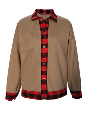 red button-up shirt featuring chest pocket and plaid