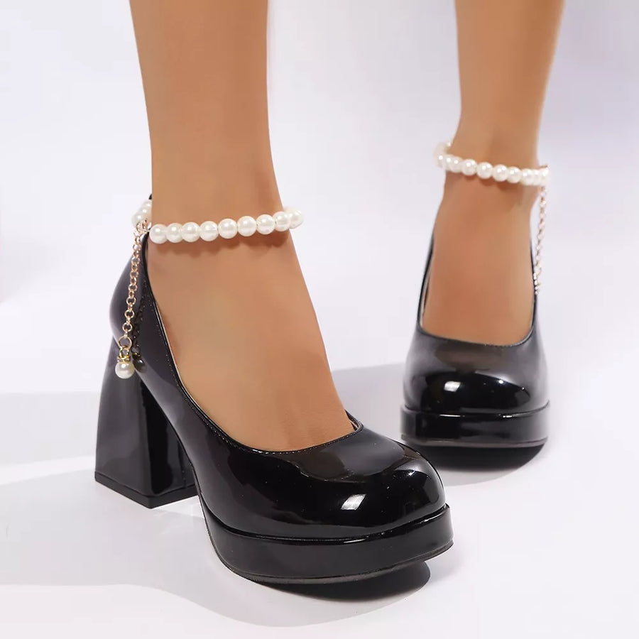 Black Round Toe Block Heel Pumps