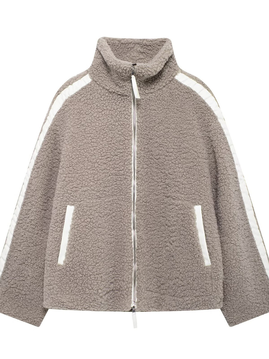 modern sherpa jacket in Khaki with mock neck