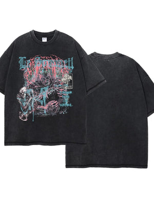 Black acid wash oversized graphic tee with skeleton and distressed text print