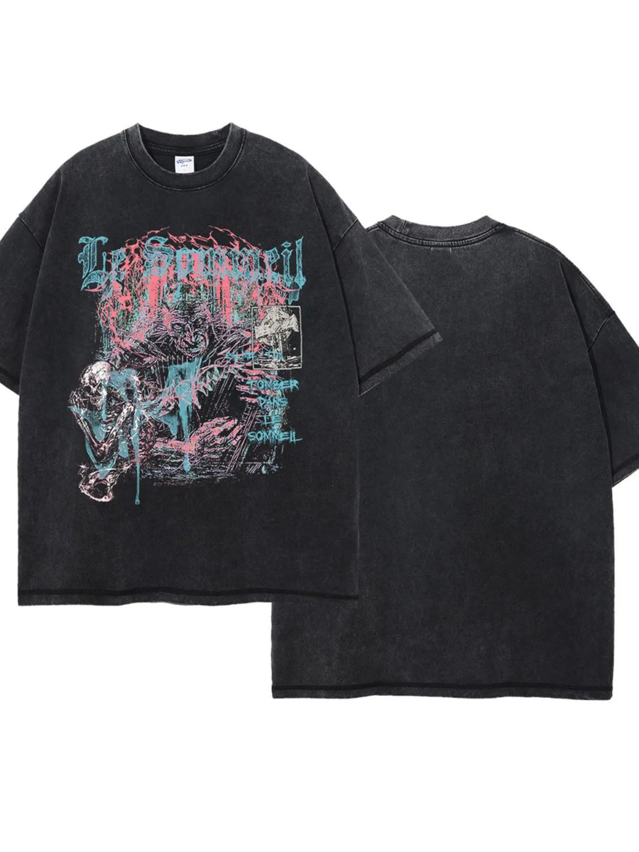 Black acid wash oversized graphic tee with skeleton and distressed text print