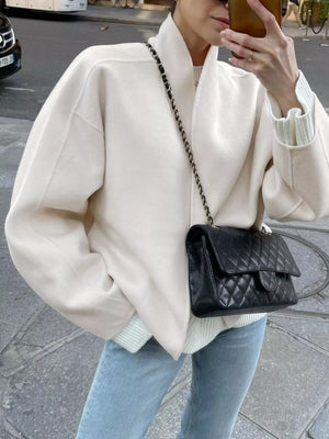 White Elegant Stand Collar Open Front Outerwear