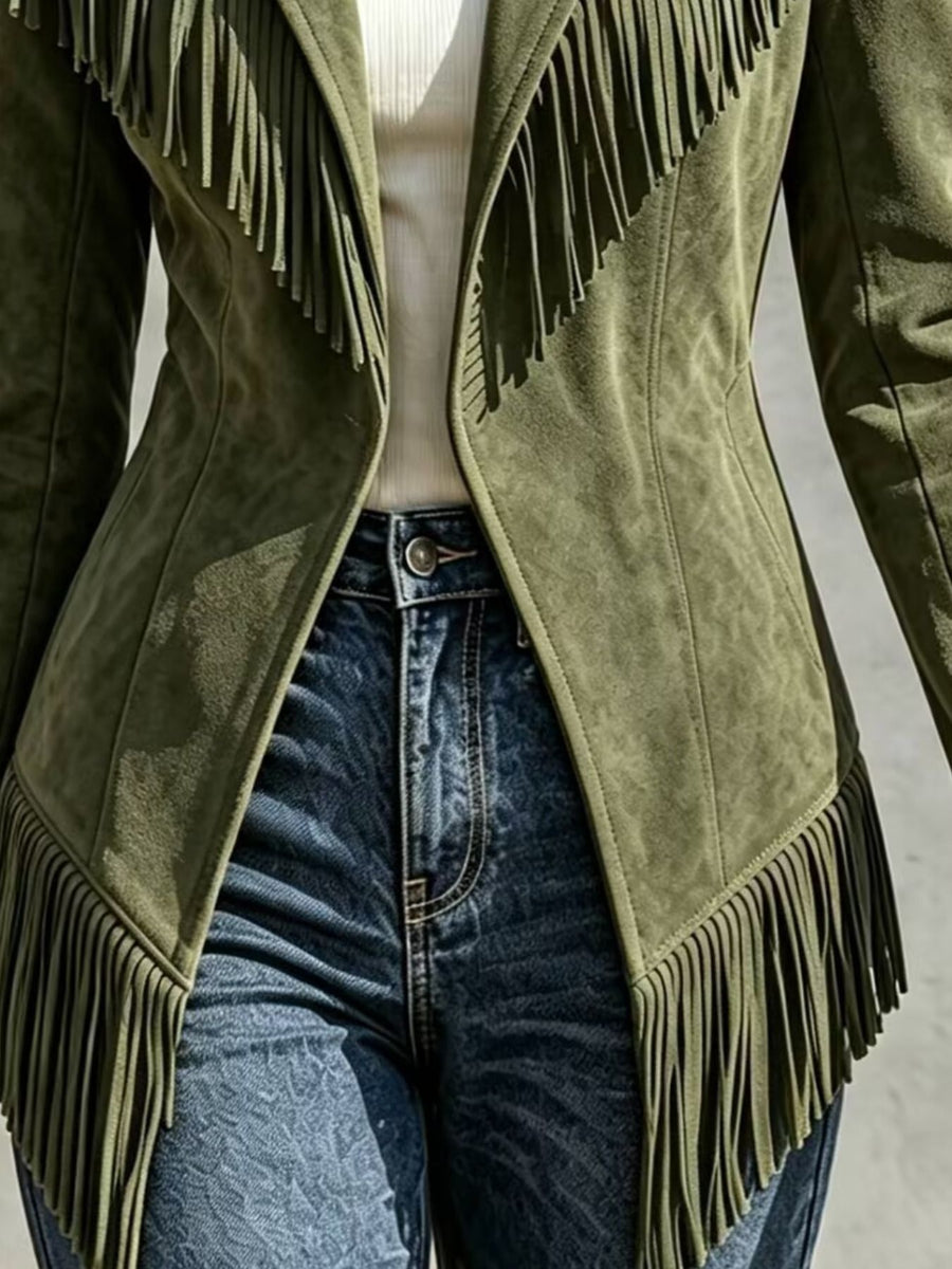 jacket in Camel with fringe and hip-length