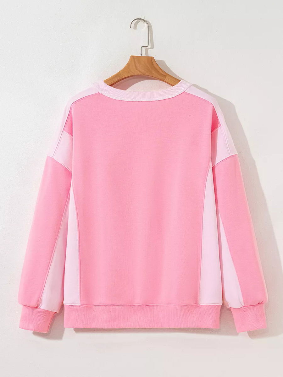 Pink with 2-tone Color Block Patchwork Sweatshirt in Pink
