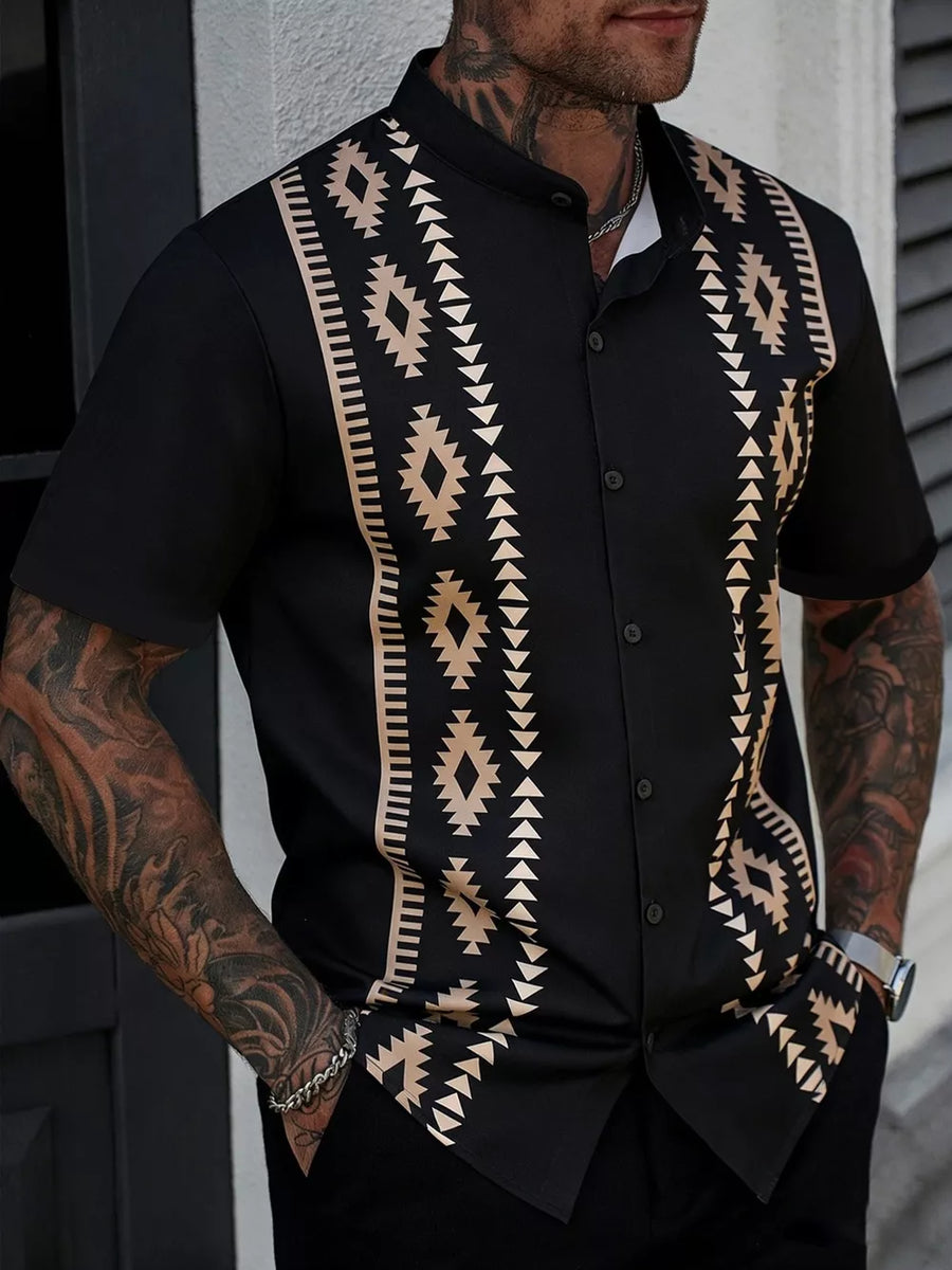 modern button-up shirt in Black with mandarin collar