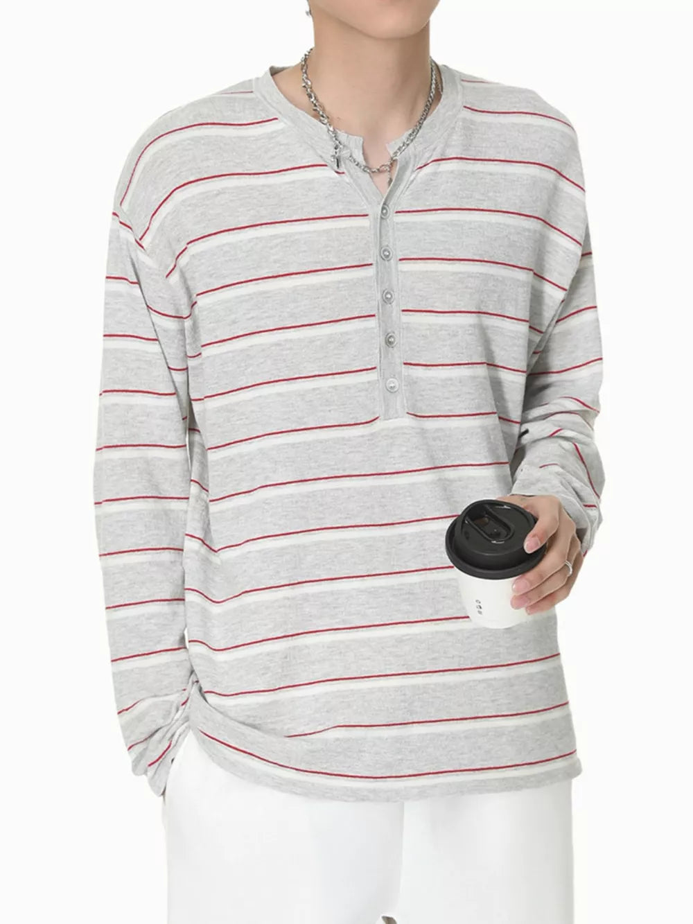 ivory henley with half-button and striped