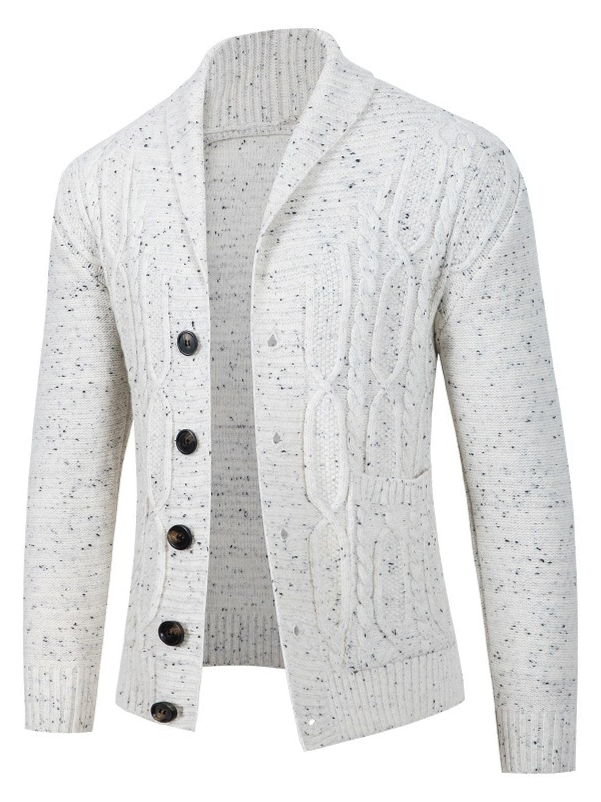 cream cardigan with speckled and shawl collar