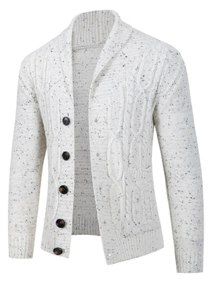 cream cardigan with speckled and shawl collar