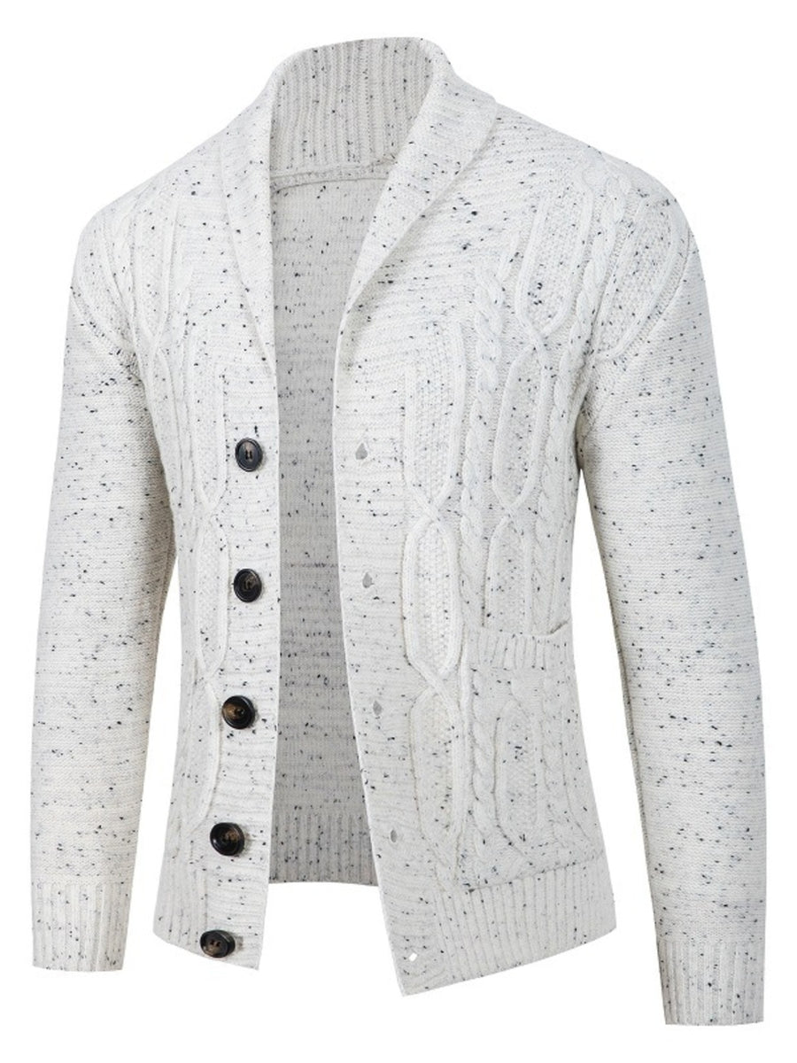 cream cardigan with speckled and shawl collar