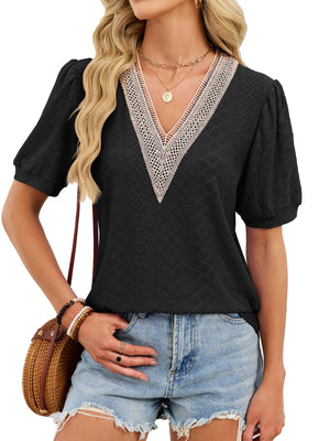 Black eyelet v-neck t-shirt with lace trim and puff sleeves