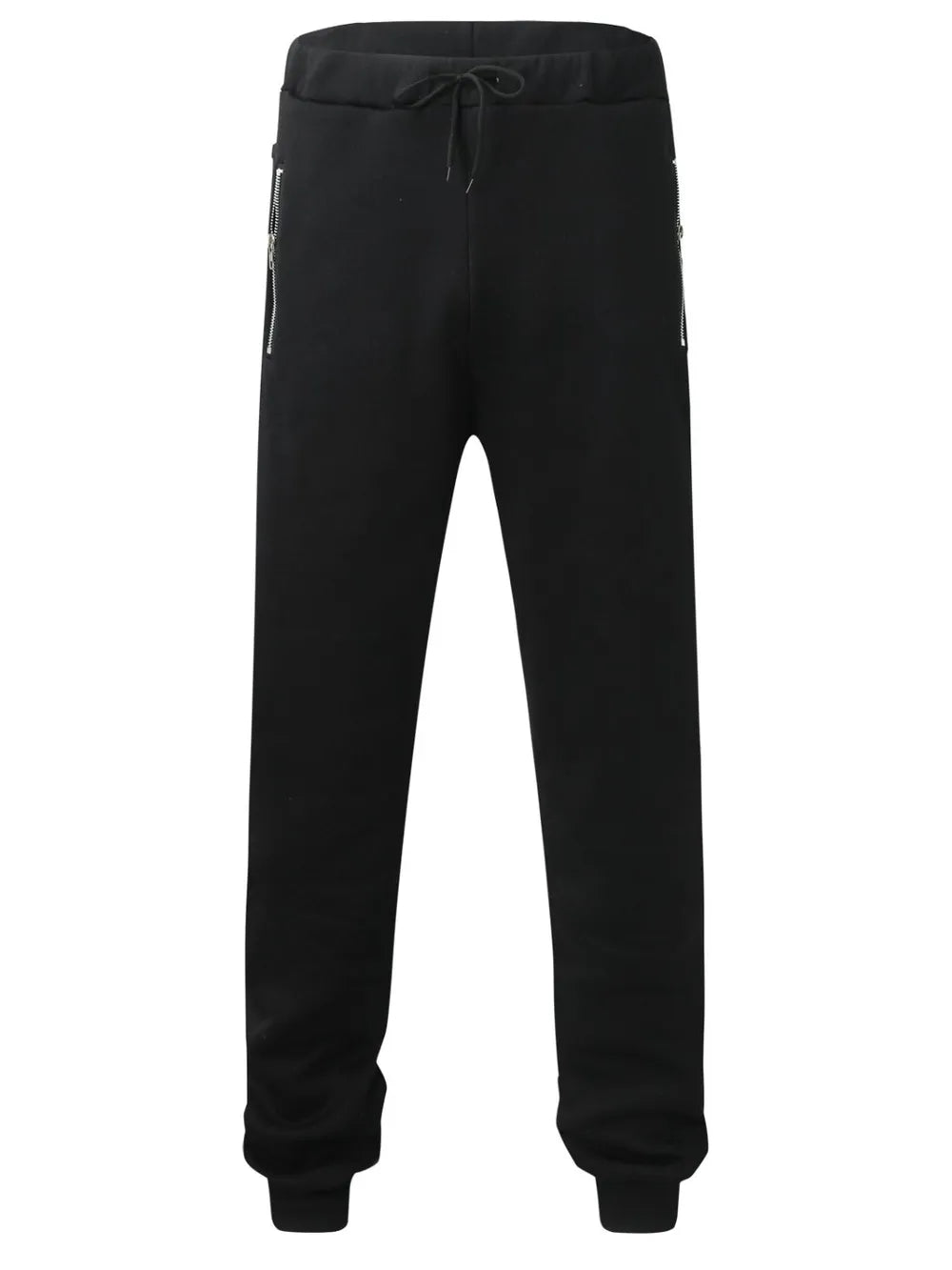 Black fleece joggers with drawstring waist and zip pockets.