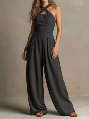 charcoal gray jumpsuit with striped and halter