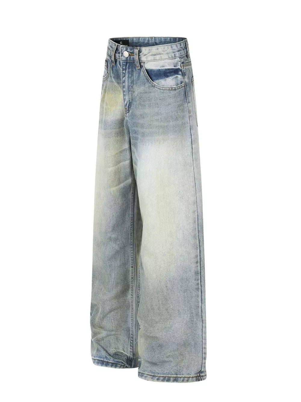Men's light blue wide leg denim jeans with vintage wash and distressed details.