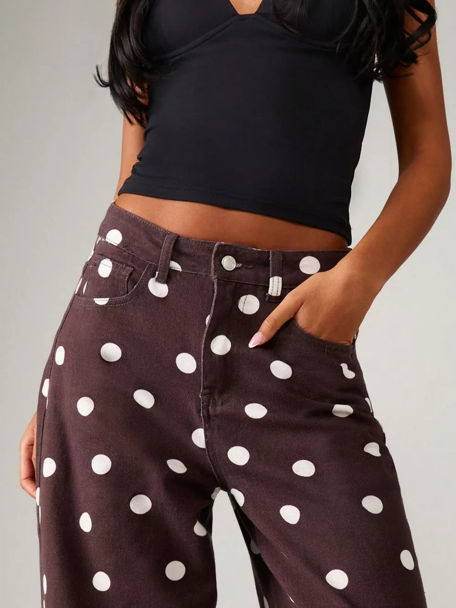 Brown wide-leg jeans with full-length and button-front