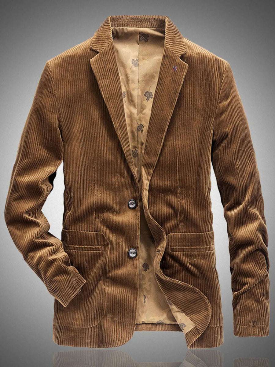 Men's casual brown corduroy blazer with two-button closure and patterned lining.