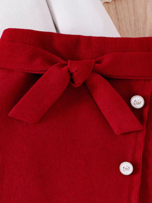 White with Children's Bow Long Sleeve Top And Skirt Set in White