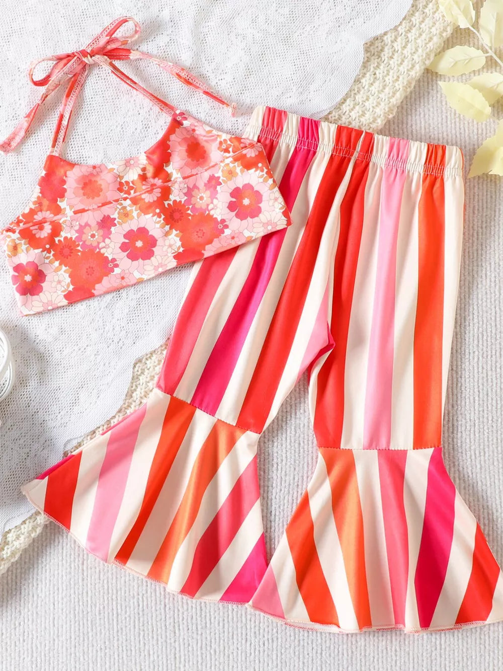 Children's Floral Print Crop Top And Striped Pants Set option 7