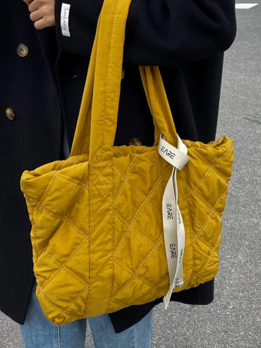 Mustard diamond quilt nylon tote bag with logo strap detail