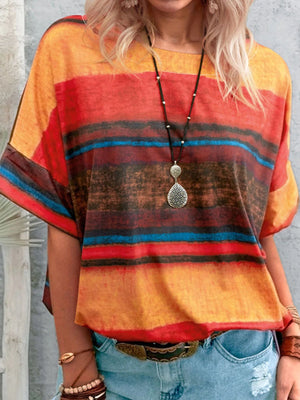 Casual t-shirt with brushstroke stripes in orange, red, blue, and brown.