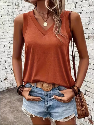 Khaki Color V-neck Ribbed Trim Tank