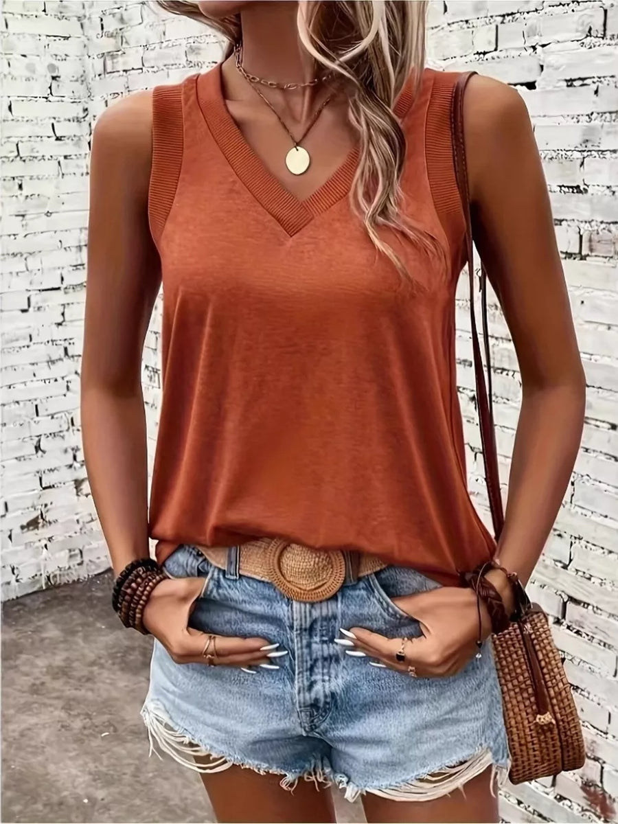 Khaki Color V-neck Ribbed Trim Tank