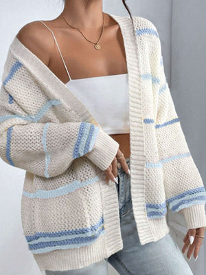 light blue cardigan featuring pocketed and striped