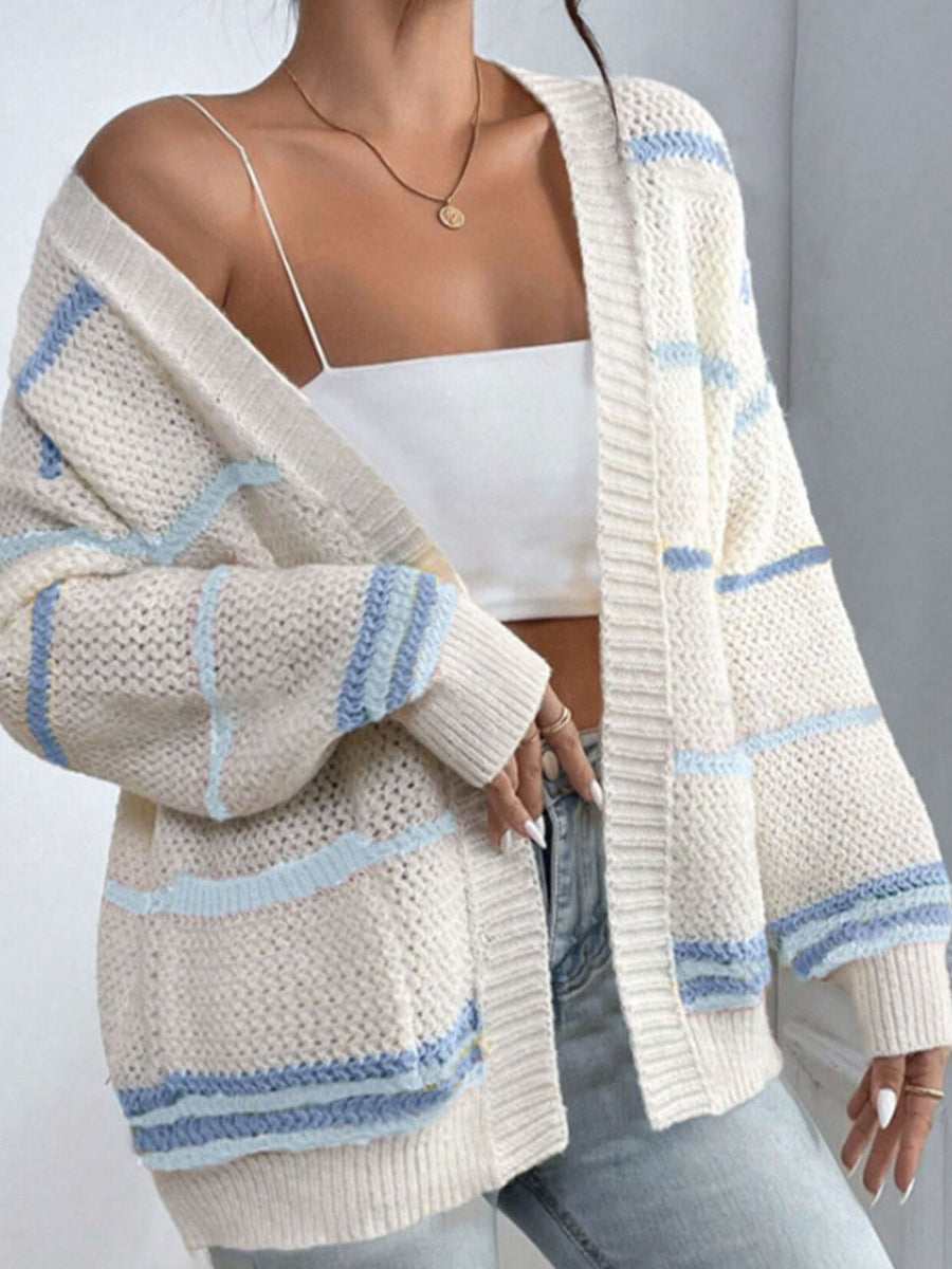 light blue cardigan featuring pocketed and striped