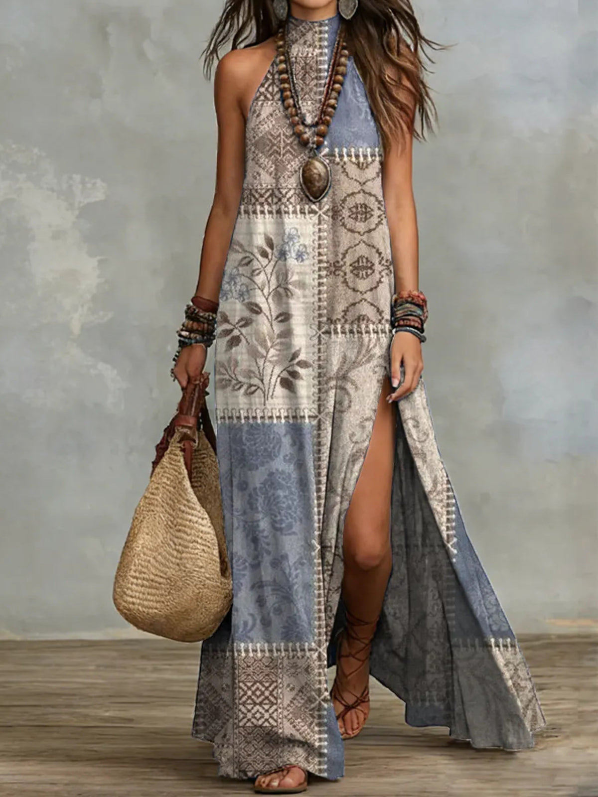 beige maxi dress with patchwork and halter