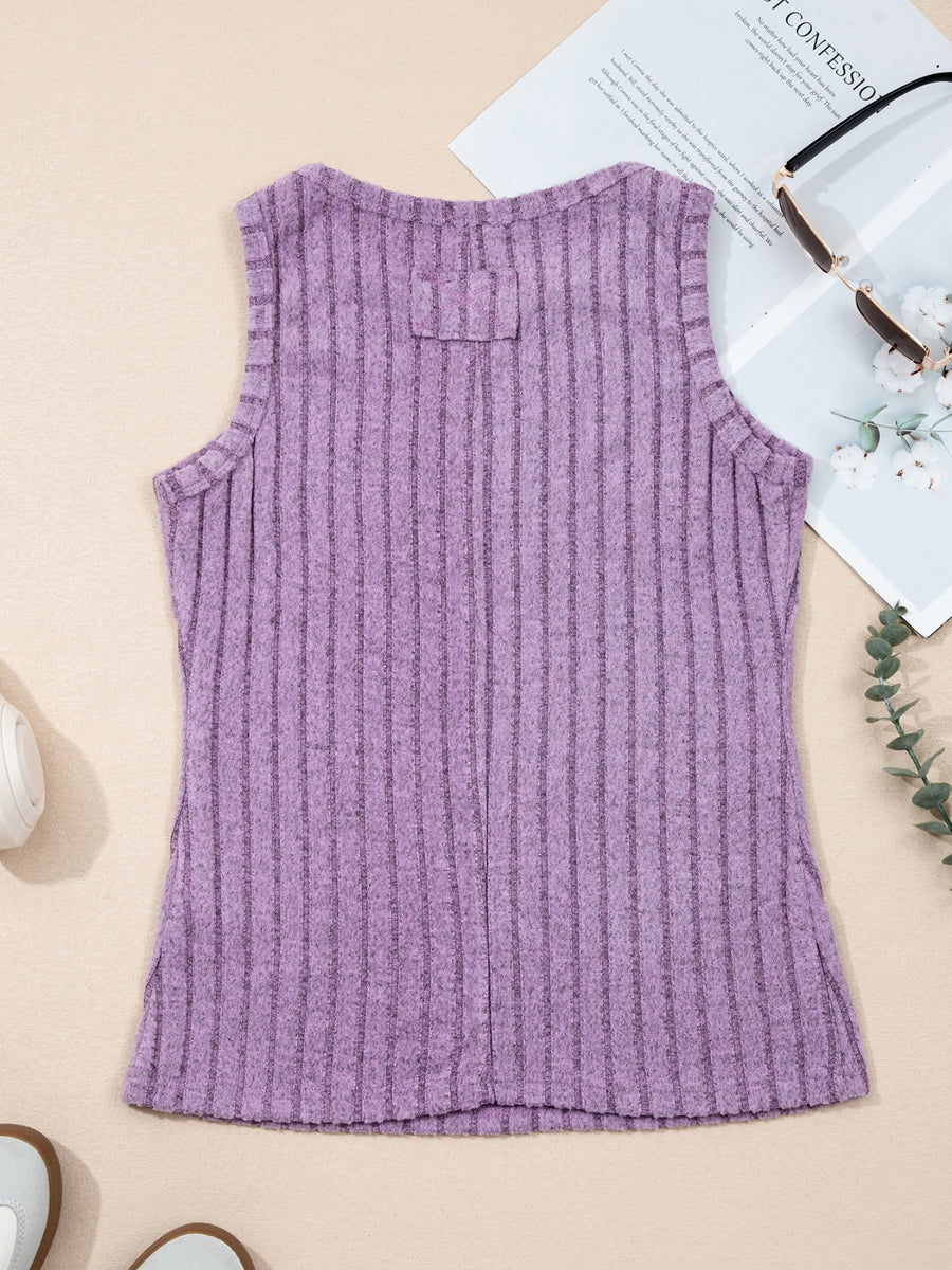 Purple ribbed mineral wash tank top with a crew neck and body hugging fit.