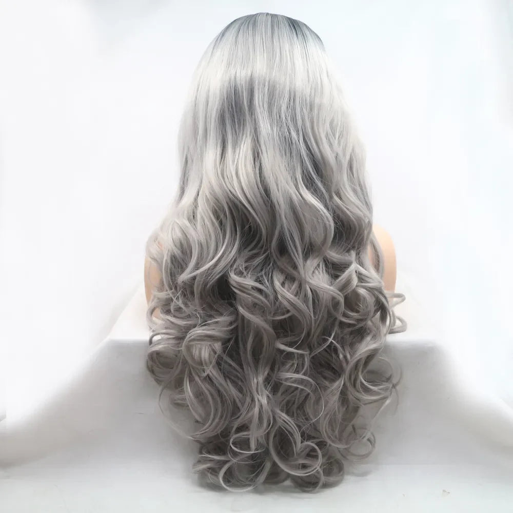 Silver ombre lace front wig with voluminous curls and waves, black to grey color blend.