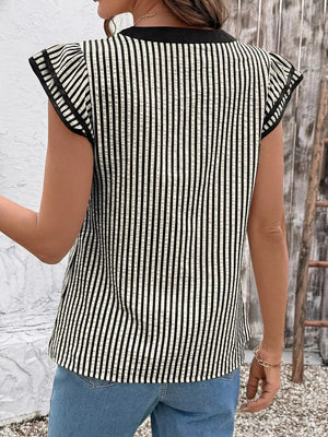 Black and white vertical stripe blouse with ruffle sleeves and a black neckline.