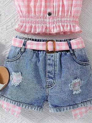 Baby girl's pink gingham crop top and distressed denim shorts set with matching belt.