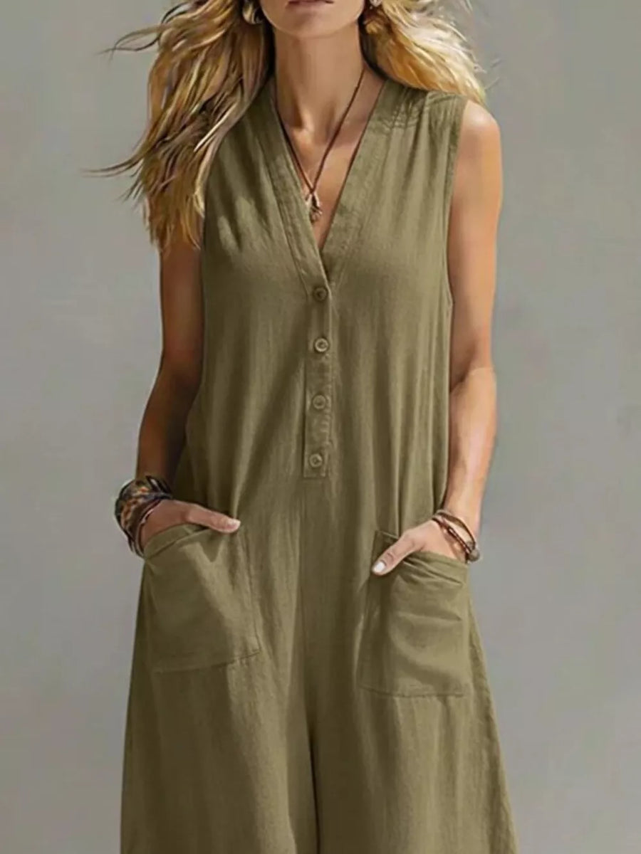 Olive green sleeveless v-neck button-front jumpsuit with pockets