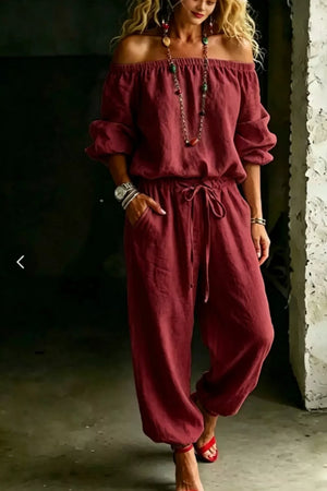 Burgundy off-shoulder cotton two-piece set with drawstring waist and balloon sleeves