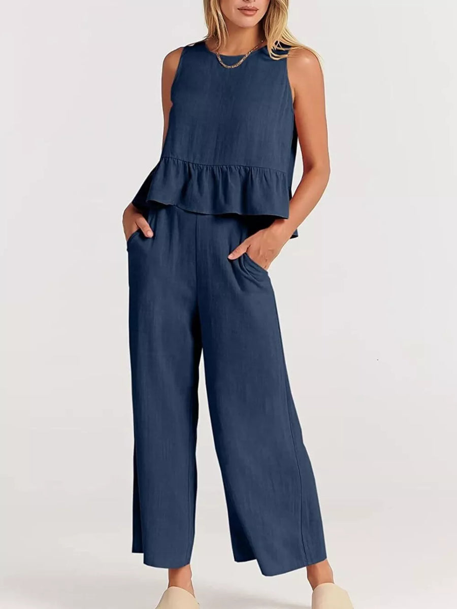 Ruffled Hem Sleeveless Top And Wide-leg Pants Set Plus Size in Red