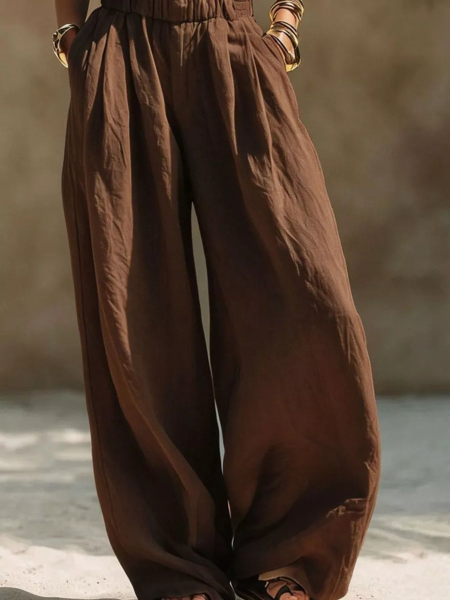 Full Size Elastic Waistband Wide Leg Pants in Beige, view 15