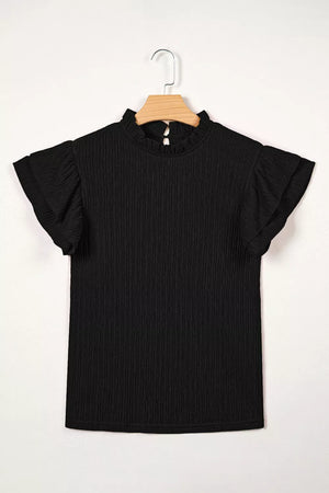 Black textured maternity shirt with frilled ruffle sleeves and mock neck.