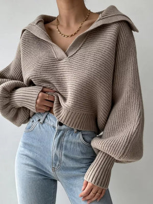 Oversized Collar Ribbed Cropped Sweater in Green