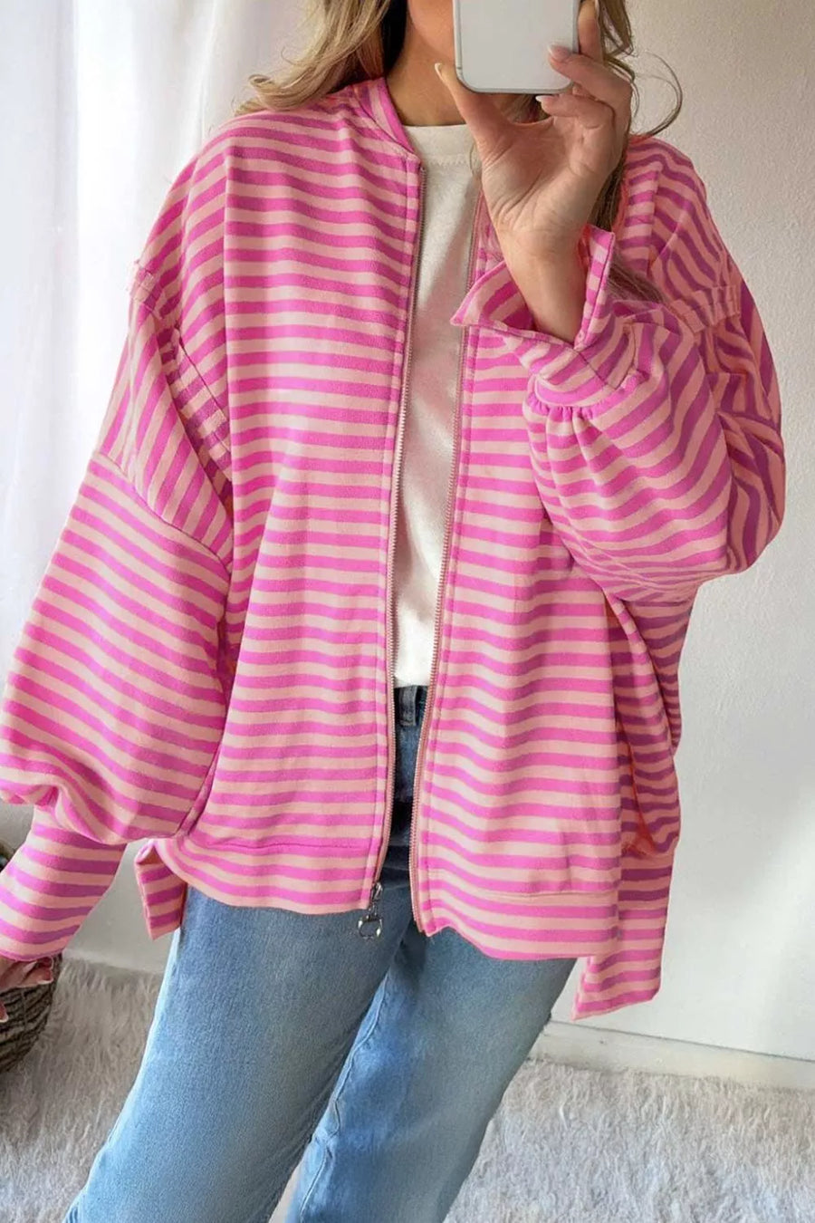 Pink with Striped Zip-up Loose Fit Hoodie