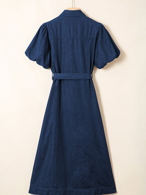 Denim midi dress with puff sleeves, belt, and button-down front.