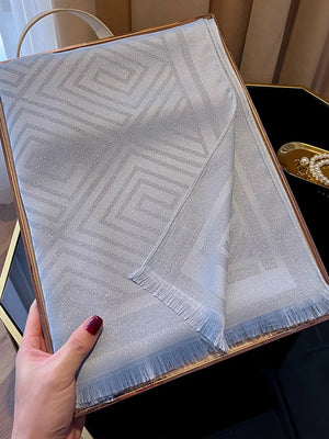 Gray Tencel cotton scarf with geometric pattern and fringe detail