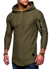 Army green slim fit long-sleeve hoodie with drawstring and zippered sleeve pocket.