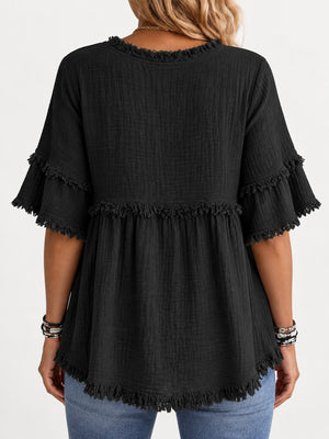 Full Size Frayed Edge Textured Blouse Plus Size in Yellow