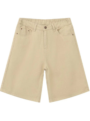 Khaki textured denim bermuda shorts with elastic waistband and button closure.