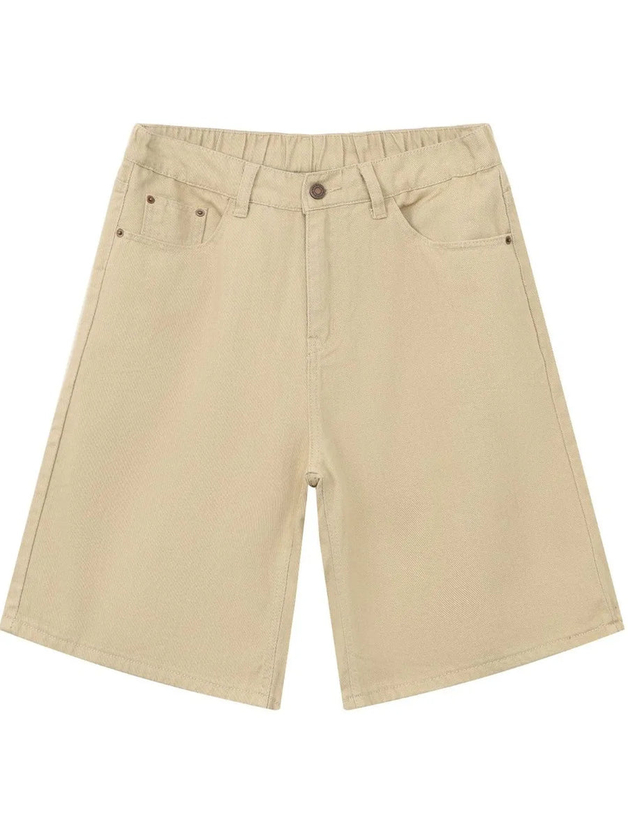 Khaki textured denim bermuda shorts with elastic waistband and button closure.
