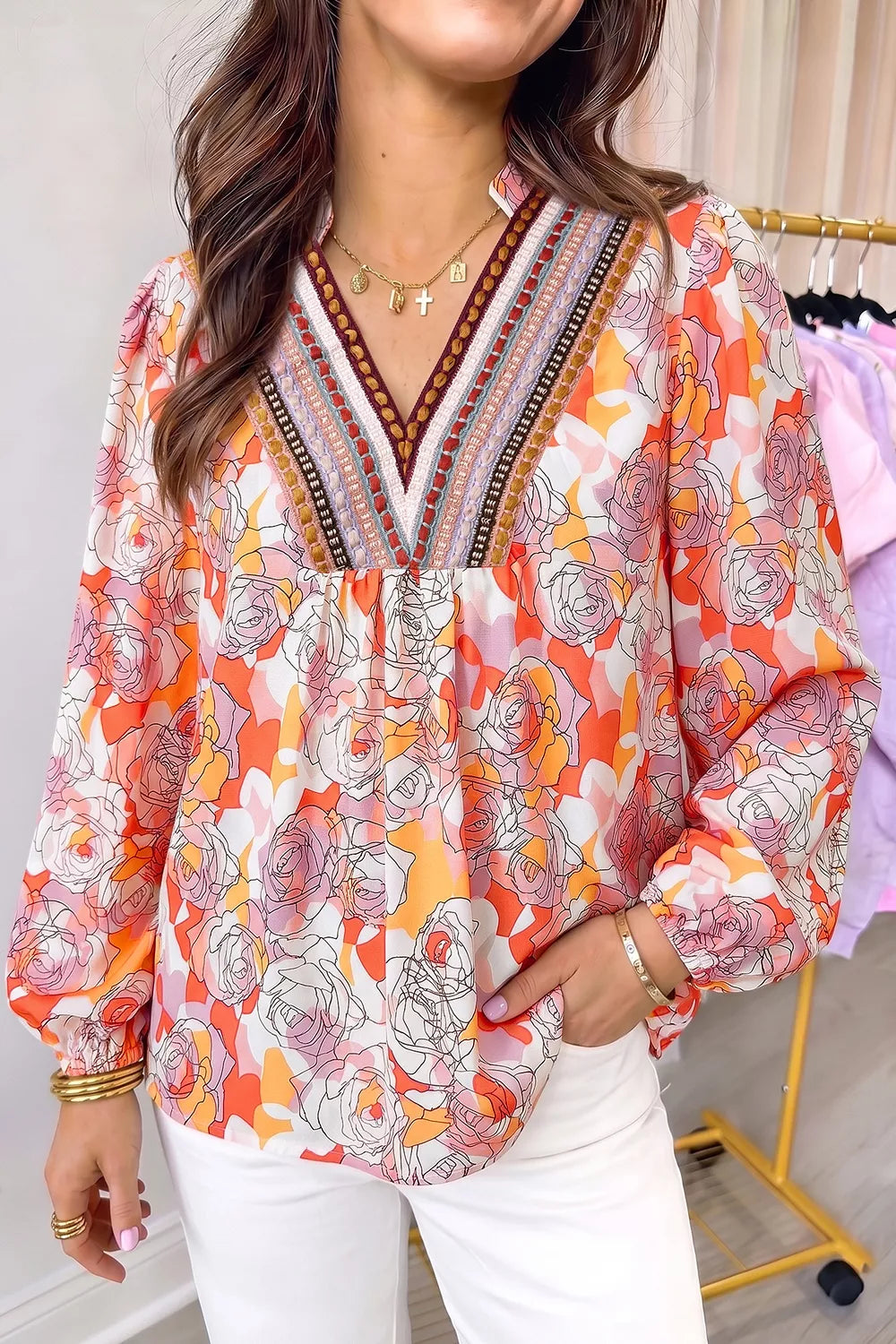 Floral Print V Neck Long Sleeve Blouse