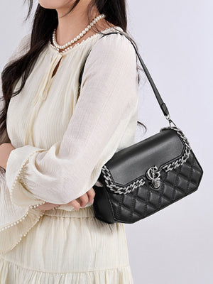 Quilted PU Leather Crossbody Bag With Rhinestones in Black
