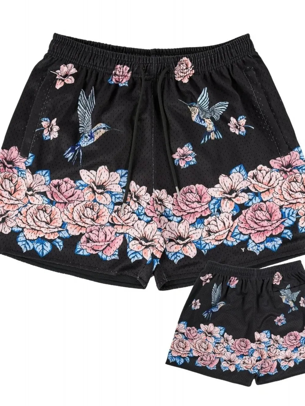 Black mesh athletic shorts with floral and hummingbird print