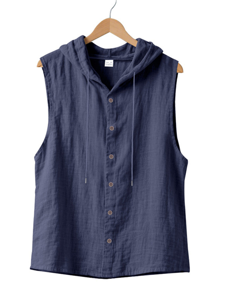 Navy blue casual sleeveless hooded men's shirt with button front and drawstring.